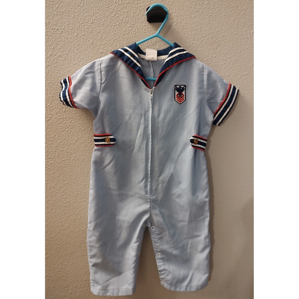 Vtg. Precious TOGS USA Baby Boy Outfit Nautical Bobby Suit Zip Front Collar 18M